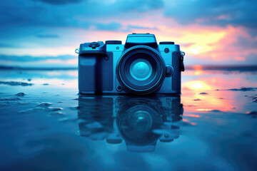 A camera sitting on top of a wet beach. Perfect for capturing beach memories