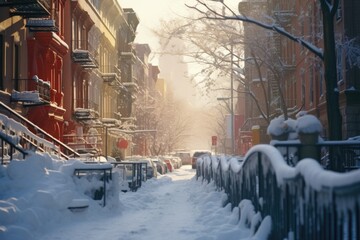 A city street covered in snow, surrounded by tall buildings. Perfect for winter-themed designs and urban landscapes