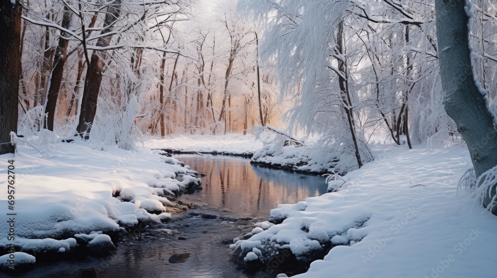 Poster a picturesque scene of a snow-covered forest with a stream flowing through it. perfect for winter-th