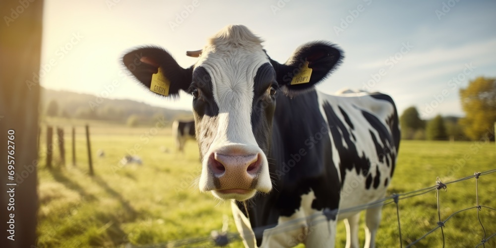 Wall mural A black and white cow standing on top of a lush green field. Perfect for agricultural or rural-themed projects