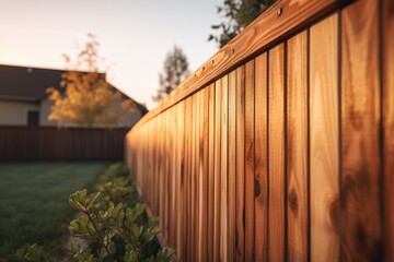 A picture of a wooden fence in a backyard with a house in the background. Perfect for illustrating home ownership, privacy, and outdoor living
