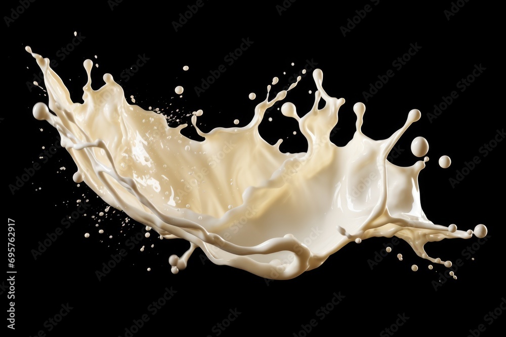 Poster a striking image of a milk splash frozen in mid-air against a black background. perfect for adding a