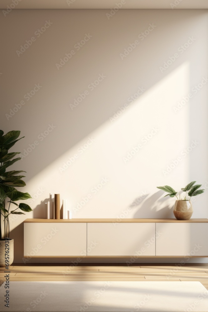 Poster a spacious living room with a large window that fills the space with natural light. the room is ador