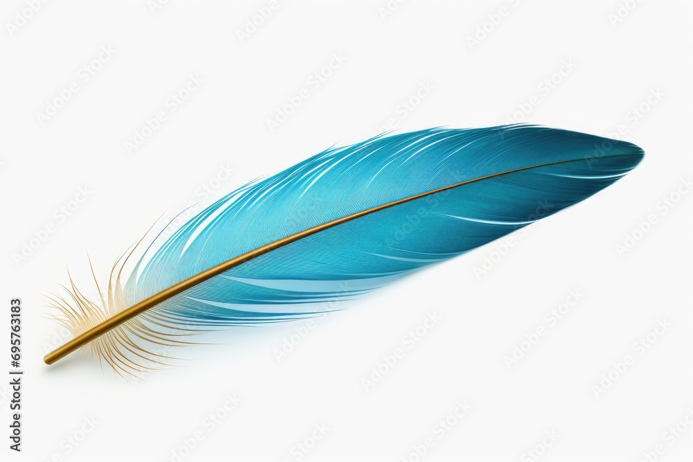 Poster a beautiful blue feather on a clean white background. perfect for adding a touch of elegance and nat