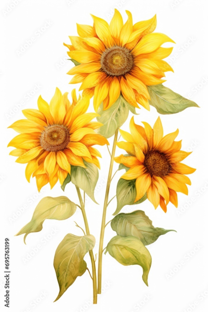 Aufkleber a painting featuring three sunflowers with vibrant green leaves. this image can be used to add a tou