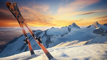 Skis resting on top of a picturesque snow-covered mountain. Perfect for winter sports enthusiasts...