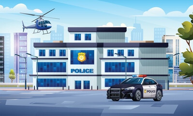 Police station building with patrol car and helicopter in city landscape. Police department office. Cityscape background vector cartoon illustration © YG Studio