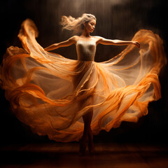 Fototapeta premium A slender ballerina girl with white hair in an elegant floating dress of fine orange silk dances a flowing dance in motion against a dark background. Bright dramatic energetic dance