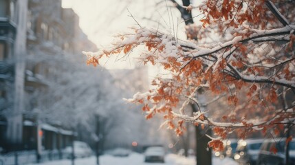 A snowy city street with a tree in the foreground. Perfect for winter-themed designs and holiday promotions
