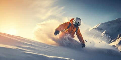 A man in an orange jacket snowboarding down a mountain. Perfect for winter sports and adventure-themed designs - obrazy, fototapety, plakaty
