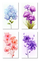 A set of four beautiful watercolor paintings of different flowers. Perfect for adding a touch of elegance to any space. Ideal for home decor, greeting cards, and art prints