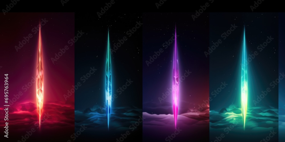 Poster A captivating image featuring a series of four different colored lights in the sky. This versatile picture can be used to add a touch of wonder and mystery to various projects