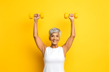 Senior Caucasian woman doing exercise with dumbbell - obrazy, fototapety, plakaty