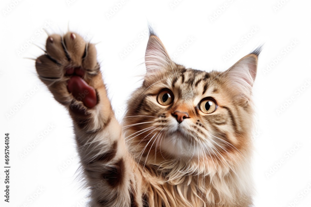 Poster a cat is pictured with its paw raised in the air. this image can be used to depict curiosity, playfu