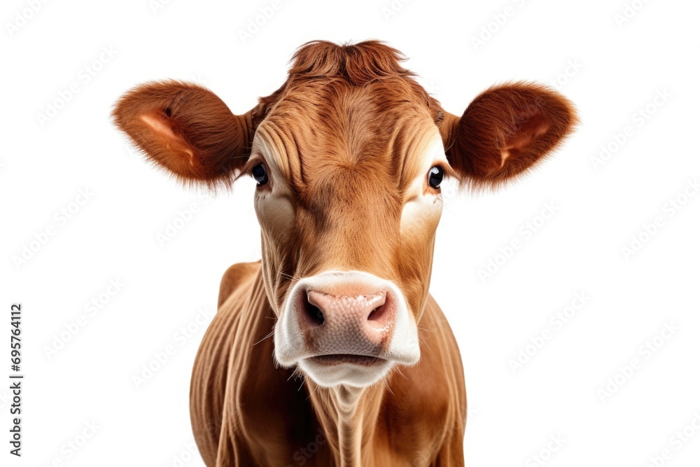 Poster a detailed shot of a cow's face on a plain white background. suitable for various uses