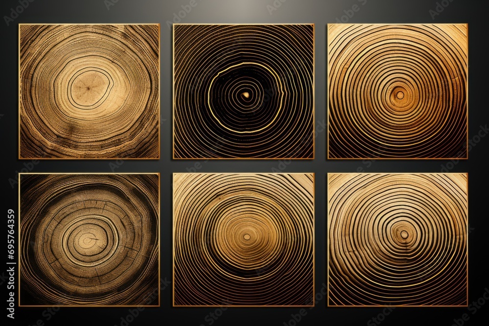 Poster Four wooden circles on a black background. Versatile image for various design projects