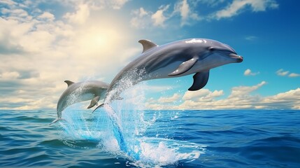 Playful dolphins leaping in crystal-clear waters, their sleek bodies caught in a moment of joyful motion in the pristine ocean