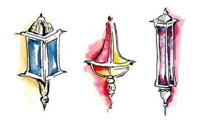 Arabian night. A set of three lanterns with elements of blue, red and yellow glass and pink stained glass, on a complex openwork base. Hand drawn watercolor painting on white background