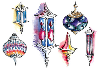 Arabian night. A set of round and rectangular lanterns in the Arabic style with elements of blue, red and yellow glass and pink stained glass, on a complex openwork base.Hand drawn watercolor painting - obrazy, fototapety, plakaty