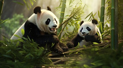 Fototapeta premium Playful pandas frolicking in a bamboo forest, their endearing antics and black-and-white fur highlighted in sharp, lifelike detail