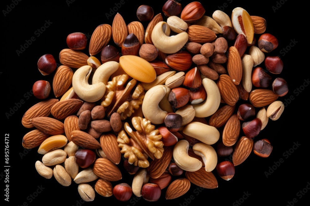 Aufkleber A pile of nuts on a black background. Ideal for food and nutrition-related projects