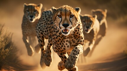 Swift cheetahs in a dynamic chase across the African plains, their powerful and graceful movements frozen in a high-definition moment of pursuit