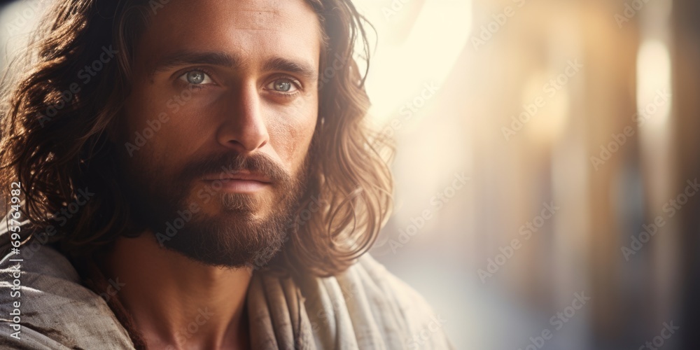 Poster A close up shot of a man with long hair and a beard. Suitable for various uses