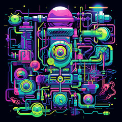 Neon Machine Illustration: Hand-Drawn Lines and Glowing Accents in Vibrant Otherworldly Atmosphere