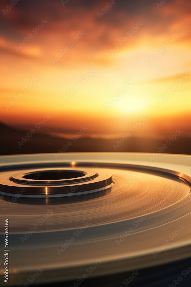 Poster A close-up view of a disc with a stunning sunset in the background. Perfect for adding a touch of beauty and tranquility to any project