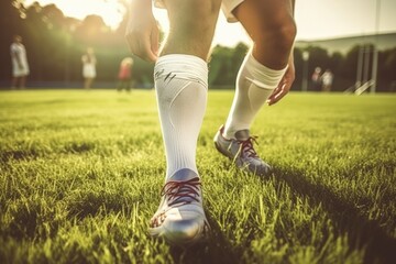 A soccer player is shown in the midst of preparing to kick a ball. This image can be used to depict the excitement and intensity of a soccer match