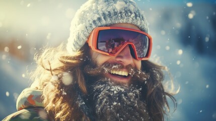 A man with long hair and a beard is pictured wearing ski goggles. This image can be used to depict a winter sports enthusiast or someone preparing for a skiing or snowboarding adventure - obrazy, fototapety, plakaty