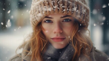 A woman wearing a hat and scarf stands in the snow. This image can be used to depict winter fashion or the beauty of snowy landscapes