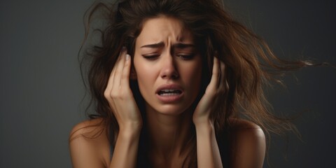 A woman sitting with her head in her hands, expressing stress or frustration. This image can be used to represent feelings of overwhelm, anxiety, or exhaustion