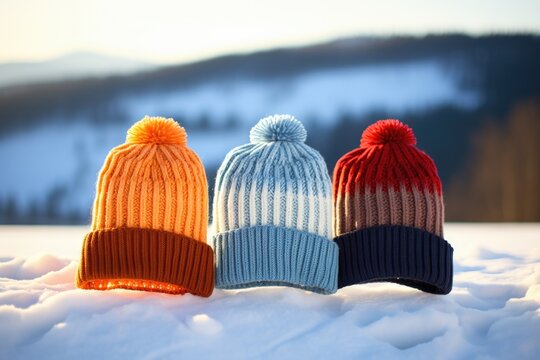 Three knit hats sitting on top of snow covered ground. This image can be used to represent winter fashion or cold weather accessories