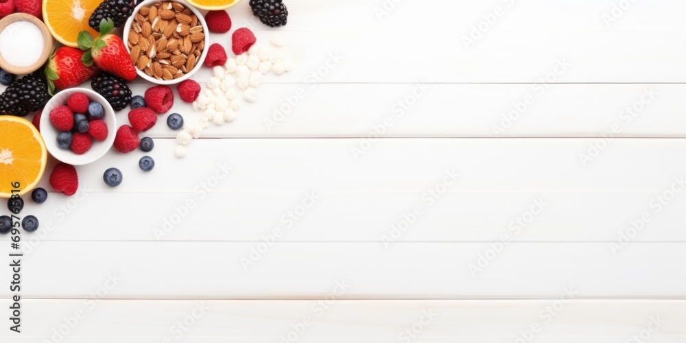 Poster A simple white table with bowls filled with a variety of fresh fruit and nuts. This image can be used for food and nutrition-related projects or as a background for health and wellness content