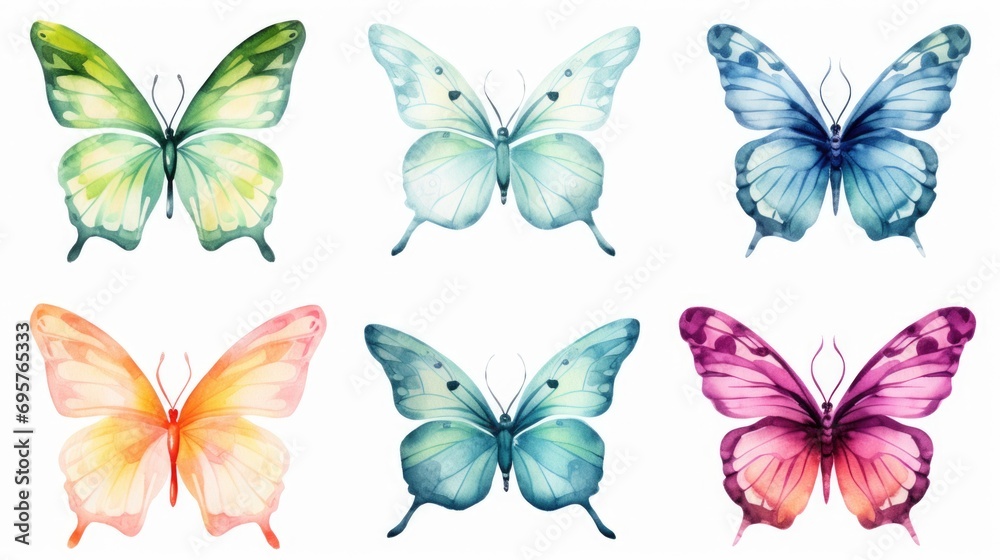 Poster four beautiful watercolor butterflies on a white background. perfect for adding a touch of nature an