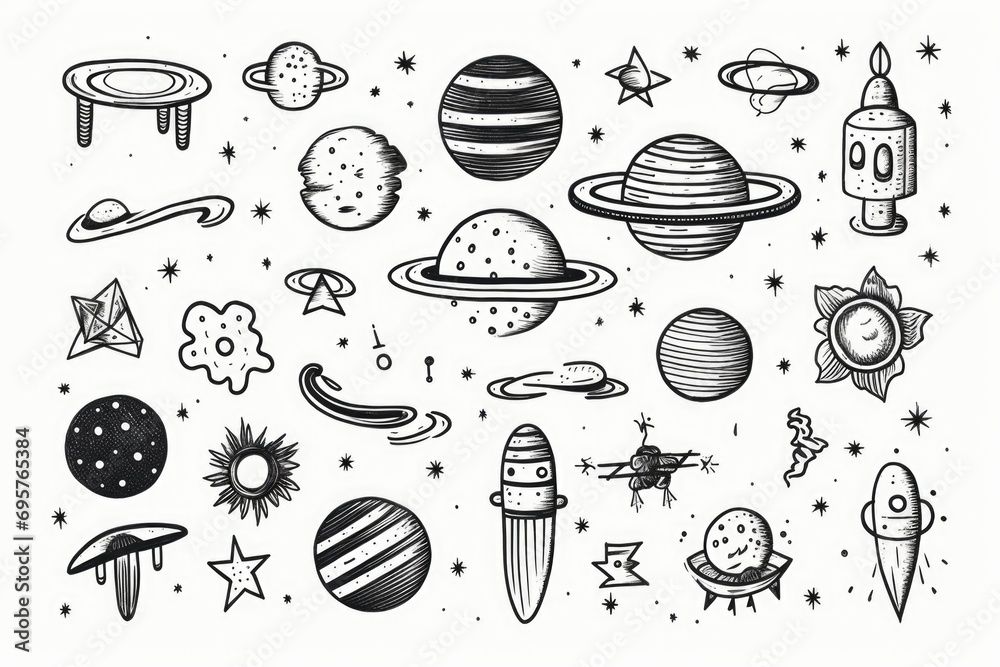 Poster A collection of black and white doodles inspired by space. Perfect for adding a touch of cosmic creativity to your projects