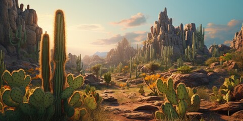 A scenic desert landscape featuring cactus plants and rocks. Perfect for nature and travel themes - obrazy, fototapety, plakaty