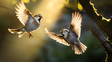 Two tree sparrows flying in garden at sunset