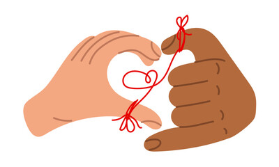 Hands with a heart sign, the designation I love you. Valentine's Day images, heart shapes with different hands. A thread connecting two people. A variety of hands. Halves with different hands