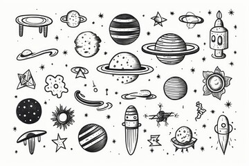 A collection of black and white doodles inspired by space. Perfect for adding a touch of cosmic creativity to your projects