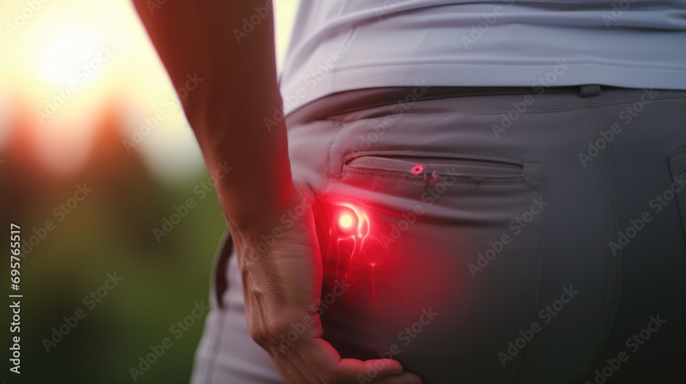Aufkleber a person captured with a red light shining from their back pocket. this image can be used to depict 