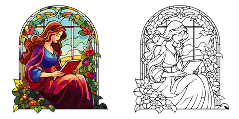 Beautiful Woman Reading a Book Coloring Page in Stained Glass Style – Flat Color Vector on a White Background