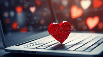 Red heart paper on keyboard computer background