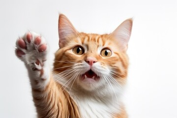 A cute orange and white cat raises its paw in a playful gesture. This image can be used to depict feline behavior or to add a touch of whimsy to various projects