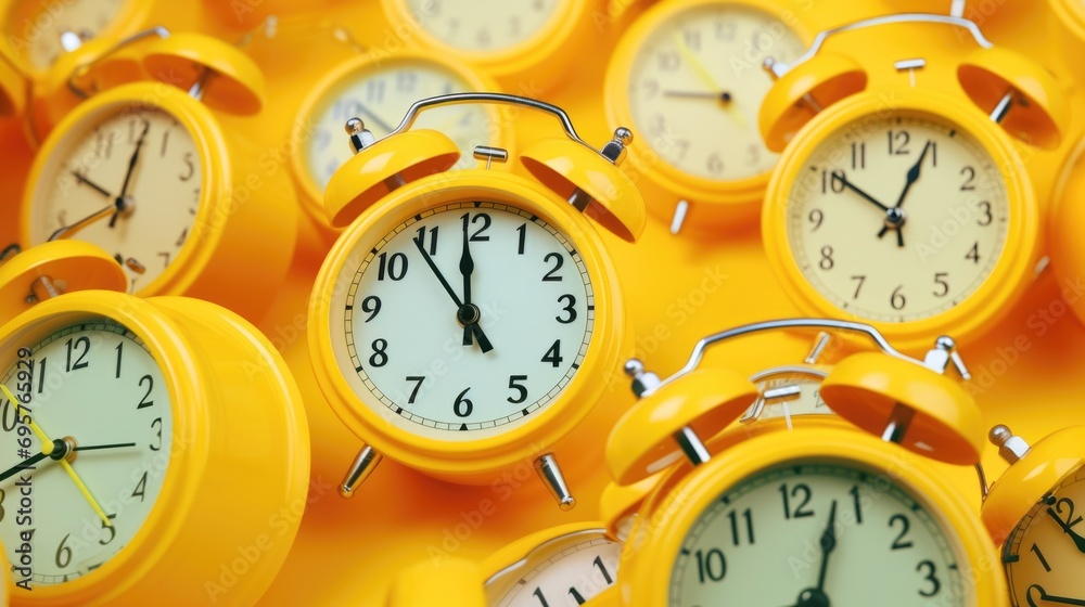 Aufkleber a stack of yellow alarm clocks. perfect for illustrating time management and deadlines