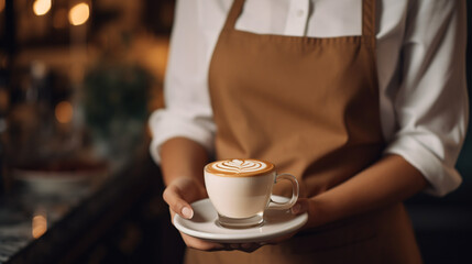 Close up of woman barista with brown apron holding cup of coffee - obrazy, fototapety, plakaty