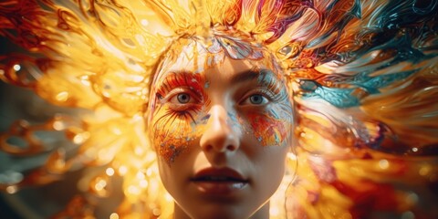 A close up of a person wearing a vibrant and colorful headdress. Suitable for cultural events and celebrations