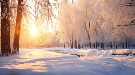 Sunlight shining through the trees covered in snow. Perfect for winter landscapes and nature scenes