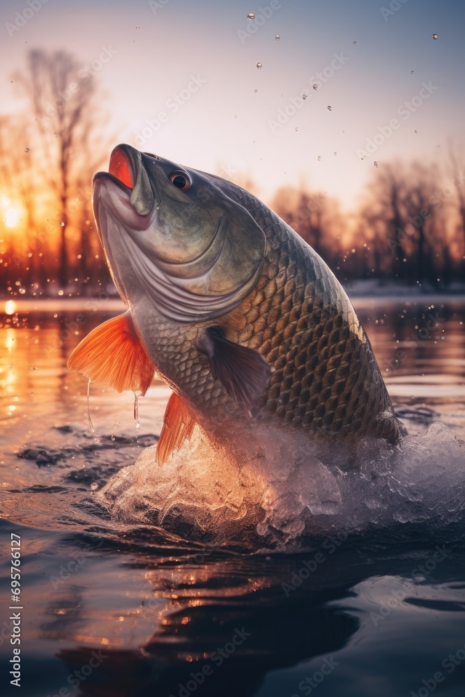 Poster a captivating image of a large fish leaping out of the water. perfect for illustrating the beauty an